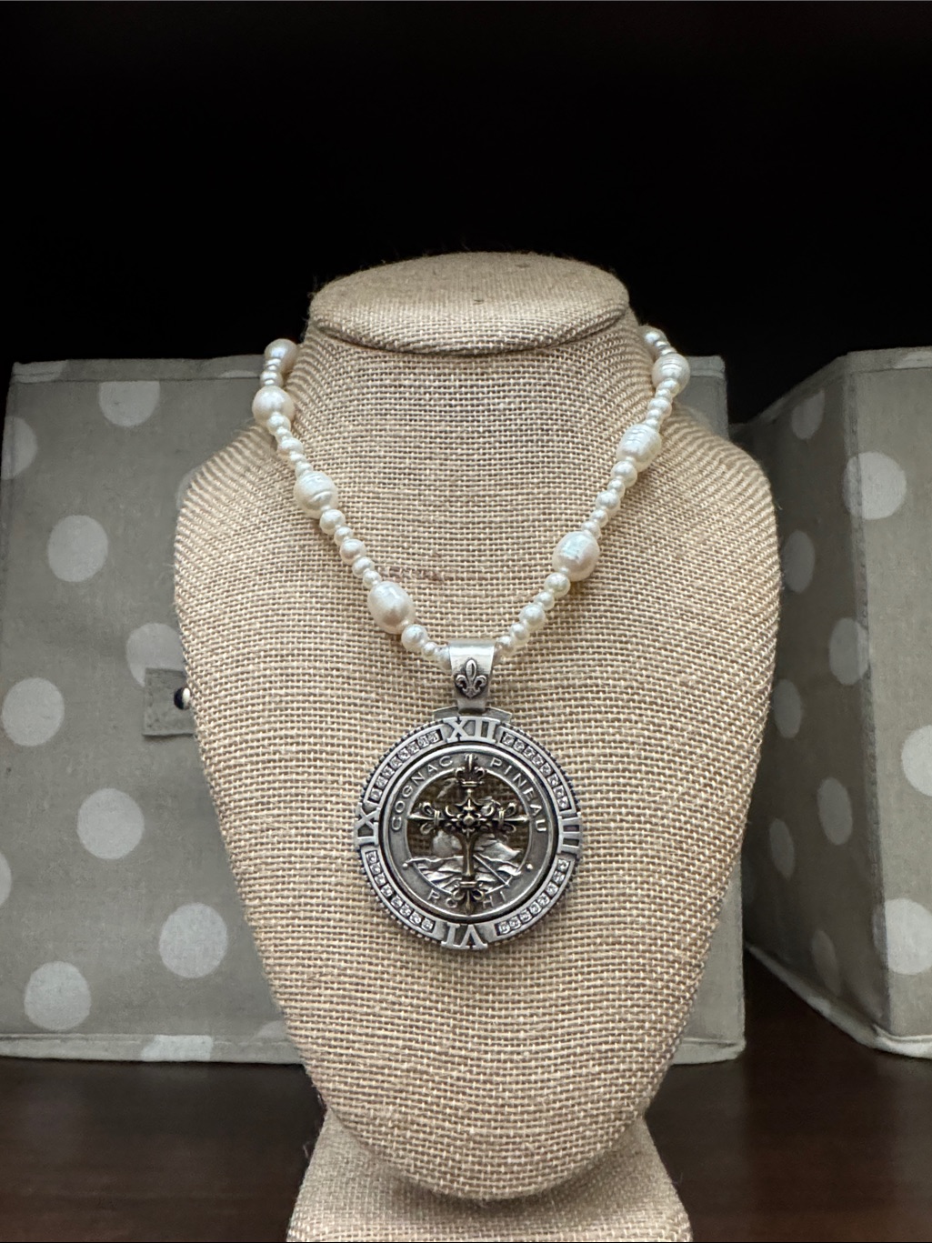 French Kande Pearl Necklace With Silver Medallion Pendant